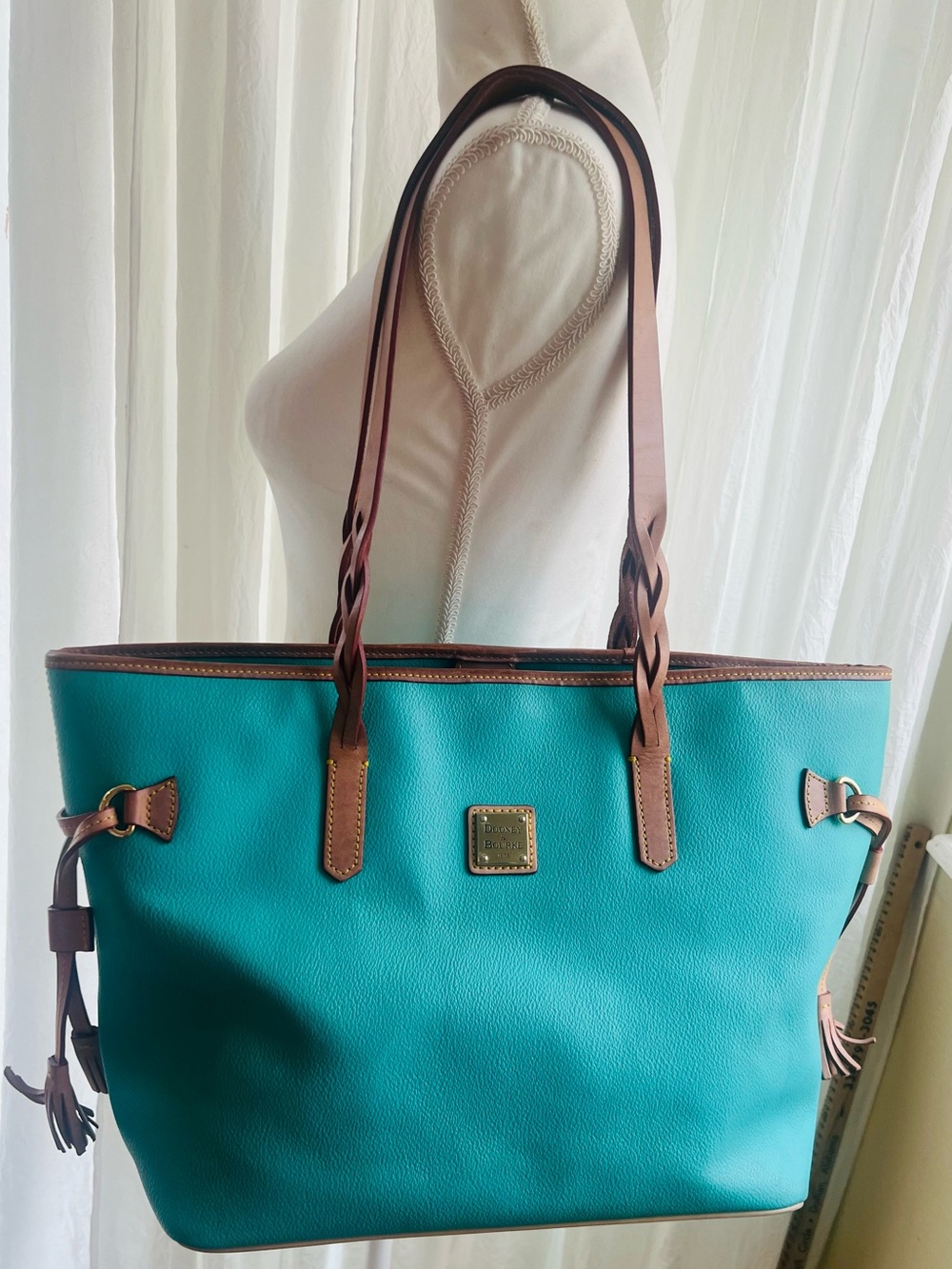 Vintage Spearmint Turquoise green Florentine Bailey Tote Brown Leather Trim